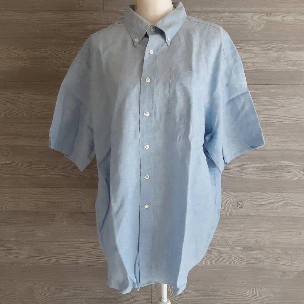 LL Bean Mens XL-Reg  Blue 100% Linen Short Sleeve Button Down Shirt 0FWH9